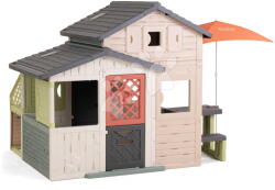 Smoby Căsuță Prietenilor cu spațiu de relaxare sub umbrelă de soare Friends Evo Playhouse Life Smoby cu uși mari, extensibilă cu filtru UV (SM810302-W) Casuta pentru copii