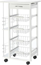 Homcom Helytakarékos Fehér Fa Konyhai Kosár, Tálalókocsi 1 Munkalappal, 1 Fiókos És 4 Fém Kosárral, 47x37x83cm