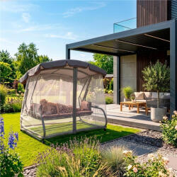  3 személyes, (barna és szürke) Kerti hintaágy (ágy funkcióval) szúnyoghálóval, acélrácsos