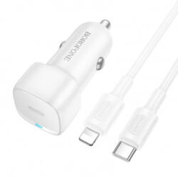 BOROFONE BZ34B Cloud autós szivargyujtós töltő, fehér (20W, 3A, 1 x USB-A, USB-C + Lightning adatkábel, töltőkábel)