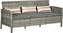 Outsunny kültéri kanapé kertbe vagy teraszra, 3 személyes, rattanból, csíkos párnákkal, szürke, 173x68x78cm