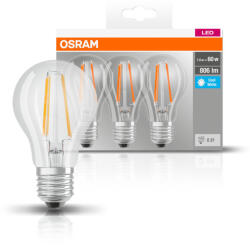 OSRAM Base LED fényforrás (izzó) körte forma átlátszó üveg búra, E27 foglalat, 6, 5W, 806lm, 4000K hideg fehér, 3 db-os szett ( 4058075819535 ) (4058075819535)