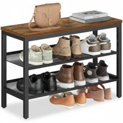 VASAGLE 3 szintes cipőtartó pad emelt peremmel, ipari stílusban, rusztikus barna