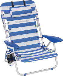 SONGMICS Scaun de plaja portabil cu spatar rabatabil in 4 pozitii, cu cotiere, maxim 150kg, alb albastru (EZ-GCB62BU)