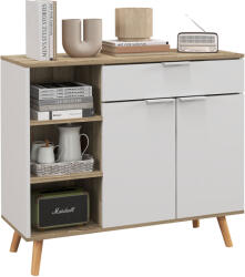 HOMCOM Bufet de Depozitare Modern cu Sertar, Usi cu Inchidere cu Amortizare, 3 Compartimente Deschise si Rafturi Reglabile, Dulap de Bucatarie Alb (839-882V80WT) Bufet