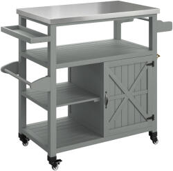 Outsunny Servantă de grădină căruț pentru grătar pe roți cu blat din oțel inoxidabil 107x49, 5x92, 5cm gri | Aosom Romania (846-211V00GY)