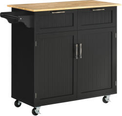 HOMCOM Cărucior Bucătărie din Lemn Multifuncțional cu 2 Sertare, Dulăpior și 4 Roți, Design Elegant, 104x46x91 cm, Negru | Aosom Romania (801-203V00BK)