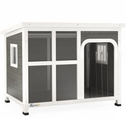 PawHut Căsuță pentru Câini cu Ferestre Laterale, Bază Detașabilă și Acoperiș Rabatabil, 90x62x71 cm, Gri Deschis | Aosom Romania (D02-200V00LG)
