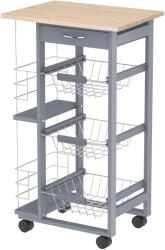 HOMCOM Carucior Bucatarie Multifunctional cu 3 Sertare Detasabile 2 Suporturi Sticle Lemn de Pin Metal 47x37x83cm Stejar Gri | Aosom Romania (801-130)