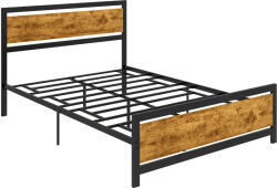 HomCom Cadru de Pat Single din Lemn și Oțel 140x200cm, Sipci, Tetieră Stil Industrial, Negru/Maro Rustic | Aosom Romania (831-419V01)
