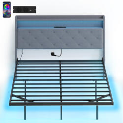 HomCom Cadru de pat 140 x 190 cm cu somieră din oțel, pat dublu plutitor cu lumini LED RGB și stație de încărcare, gri | Aosom Romania (83D-124V92GY)