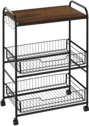 HOMCOM Cărucior Auxiliar cu Roți de 3 Nivele Cărucior de Bucătărie cu 2 Coșuri și 4 Cârlige 60x38x85, 5 cm Maro Rustic | Aosom Romania (801-225V80BN)