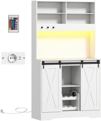 HOMCOM Servantă de Bucătărie Rustică 180 cm, Dulap cu Priză de Alimentare, Lumini LED, Suport pentru Sticle, Suprafață pentru Cuptor cu Microunde, Rafturi Deschise, Uși Glisante, Orificiu pentru Cabluri, Alb Bufet