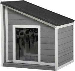 PawHut Hundehütte din lemn masiv, rezistent la intemperii, acoperiș din șindrilă, 71 cm x 58 cm x 77 cm, Gri + Alb | Aosom Romania (D02-151V00GY)
