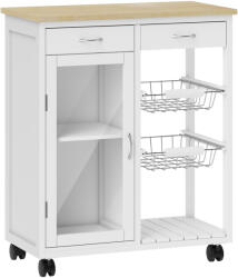 HOMCOM Cărucior de Bucătărie din Bambus cu 2 Sertare, Dulap, Raft și 2 Coșuri din Oțel, 67x35x80 cm, Alb | Aosom Romania (801-424V00WT)