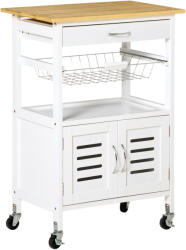HOMCOM Carrito de Cocina cu Roti Caru cu Depozitare Multifunctional cu Suprafata de Lucru din Bambus Sertar Cos Metalic si Dulap cu 2 Usi cu Jaluzee 58x37x85, 5 cm Alb | Aosom Romania (835-484)