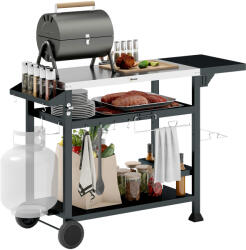 Outsunny Carucior Masa pentru Gratar cu Masa Laterala Pliabila, Blat din Otel Inoxidabil, Carucior Portabil pentru Gratar cu 2 Roti, 6 Carlige (846-130V00BK)