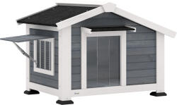 PawHut Căsuță pentru câini rezistentă la intemperii din lemn cu podea detașabilă, acoperiș din asfalt, fereastră rabatabilă 98x76x69, 5 cm gri | Aosom Romania (D02-258V91GY)