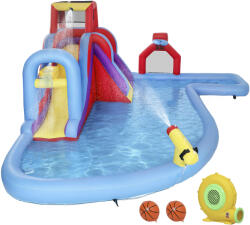 AIYAPLAY Castel Gonflabil Acvatic cu Suflantă 550W Tobogan Perete de Cățărare Piscină Cerc de Baschet Poartă de Fotbal | Aosom Romania (346-027V90MX)