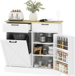 HOMCOM Bufet de bucătărie cu compartiment coș 38 L, mobilier depozitare bucătărie, 2 sertare, suport condimente și blat, alb | Aosom Romania (83A-193V81WT) Bufet