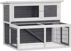 PawHut Hutch cu 2 nivele, cu acoperis rabatabil, cotet pentru iepuri din lemn masiv rezistent la iarna, casa dubla 122x95x93, 5 cm gri | Aosom Romania (D51-466V90GY)