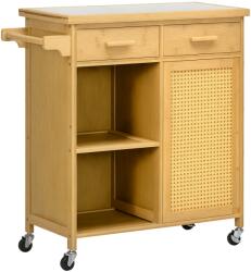 HOMCOM Cărucior de bucătărie din bambus, Cărucior multifuncțional, Cărucior de servire, 2 sertare, 1 dulap, 2 rafturi, Natural | Aosom Romania (801-311V00ND)