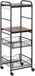 HOMCOM Cărucior Bucătărie cu 2 Coșuri Metalice Detașabile, Rafturi PAL, Cârlige Laterale, 40x38x111cm, Nuc | Aosom Romania (801-224)