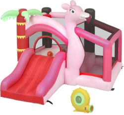 AIYAPLAY Castel Gonflabil pentru Copii 4 în 1, Tobogan, Trambulină, Piscină cu Bile, Coș de Baschet, Mingi de Baschet, Tematică Flamingo, Ventilator, Geantă de Transport, Interior Exterior, 255x230x196cm, Roz  Castel gonflabil