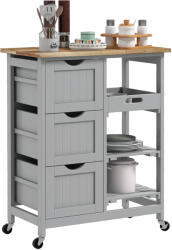 HOMCOM Carucior Auxiliar cu Roti Carucior de Bucatarie cu 3 Sertare 2 Rafturi Deschise si Tava Detasabila 67x37x85, 5 cm Gri | Aosom Romania (801-213V81GY)