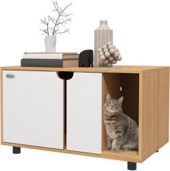 PawHut Mobilier pentru litieră, casă de toaletă pe picioare pentru pisici 2 în 1, uși, stil scandinav 80 x 48 x 48 cm natural și alb | Aosom Romania (D31-090V00AK)