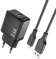 Dudao A23LEU 2.4A GaN EU USB-A Wall Charger with USB-A to Lightning Cable - Black (A23LEU black) - vexio