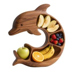 Flippy Tálalótálca, Flippy, Delfin Alakú, 4 Rekeszes Felvágottakhoz, Sajtokhoz, Snackekhez, Gyümölcsökhöz, Művészi Design, Tömörfából, 26 x 25 x 4 cm, Natúr Barna (161751)