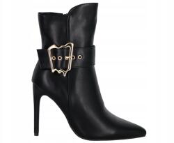  Magassarkú Bokacsizma 11 CM Fekete Bőr Arany Csat Elegáns 38-AS (E7_BM130_BLACK_38)
