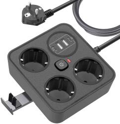 Prelungitor Multifunctional pentru Birou, Flippy, 3 Prize, 2 USB-A, 2 TYPE-C, Suport pentru Telefon, 3250W, Lungime Cablu 2 m, 11.4 x 12.4 cm, Negru (165262)