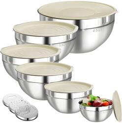  Set 6 Boluri pentru Mixare si Depozitare, Flippy, Inox Premium, Capace Ermetice, 3 Accesorii Razuire si Feliere, Interior Gradat, Design Nestable, Argintiu (165267)