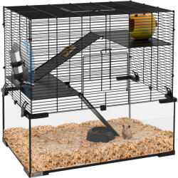 PawHut Cușcă pentru Hamsteri, Gerbili și Animale Mici din Fir de Otel și Sticlă cu Rotiță, 60x40x57 cm, Negru | Aosom Romania (D51-374V00BK)