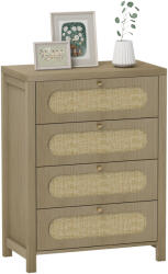 HOMCOM Comodă 4 sertare mobilier de depozitare stil boemian cu uși din răchită, 70 x 38 x 93 cm, efect lemn natural | Aosom Romania (83D-047V00AK) Comoda