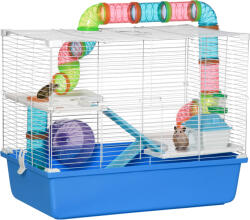 PawHut Cușcă pentru Hamsteri cu 3 Nivele, Tub, Roată de Alergat, Sticlă de Apă și Bol de Mancare, 59x36x47 cm, Albastru | Aosom Romania (D51-234BU)