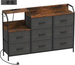 HOMCOM Comodă cu 8 sertare din material textil, cadru din oțel, stație de încărcare, Rustic-Maro+Negru | Aosom Romania (83D-157V90RB) Comoda