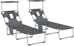 Outsunny Set de 2 șezlonguri pliante reclinabile cu copertină 360°, orificiu facial, buzunar lateral și Textilene 550 g/m2 Gri | Aosom Romania (84K-174V00CG)