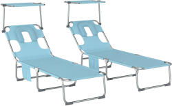 Outsunny Set de 2 Șezlonguri Pliabile Reclinabile cu Copertină 360°, Orificiu Facial, Buzunar Lateral și Textilene 550 g/m2, Albastru | Aosom Romania (84K-174V00LB)