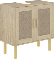 HomCom Mobila baie sub chiuveta mobilier sub chiuveta usi din rachita picioare din lemn de pin 2 nivele 60 x 30 x 60 cm stejar | Aosom Romania (834-738V80AK)