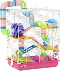 PawHut Colivie pentru Hamster cu Tunel Platforme Bol Adăpător Căsuță Rampe și Roată de Exerciții 46x30x58 cm Roz | Aosom Romania (D51-214V00PK)