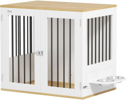 PawHut Cușcă pentru câini, masă de cafea, boluri mobile rotative la 360°, 2 uși pentru câine de talie medie 80x55x71, 5 cm alb | Aosom Romania (D02-213V00WT)