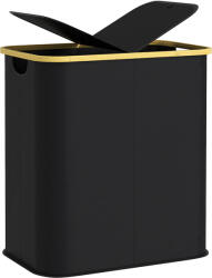 HOMCOM Coș pentru Rufe de 80L cu 2 Secțiuni și Capac din Material Textil și Bambus, 54x34x58, 5 cm, Negru | Aosom Romania (850-320V00BK)