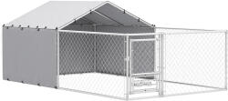 PawHut Țarc pentru Câini de Exterior cu Acoperiș Anti-UV Impermeabil și Boluri Rotative, 400x230x150 cm, Argintiu | Aosom Romania (D02-201V00SR)