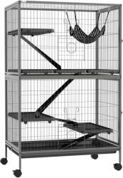 PawHut Cușcă pentru Rozătoare cu 4 Intrări la Nivele Multiple cu Hamac, din Metal și PP, 80x52x128 cm, Argintiu și Gri | Aosom Romania (D51-113V00GY)