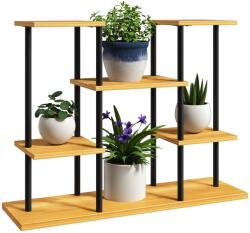 Outsunny Suport plante interior etajeră plantă cu 6 nivele cadru din oțel bază lemn masiv 80 x 24 x 61, 5 cm lemn natural | Aosom Romania (84H-215V00ND)