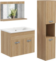 Kleankin Set de mobilier de baie oglindă coloană + dulap sub chiuvetă suspendat cu bol, dulap coloană natural | Aosom Romania (834-605V00ND)