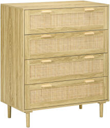 HOMCOM Comodă cu 4 Sertare în Stil Boho, Comodă din Lemn și Ratan pentru Dormitor și Hol, 90x45x108, 5 cm, Stejar | Aosom Romania (831-751V00AK) Comoda